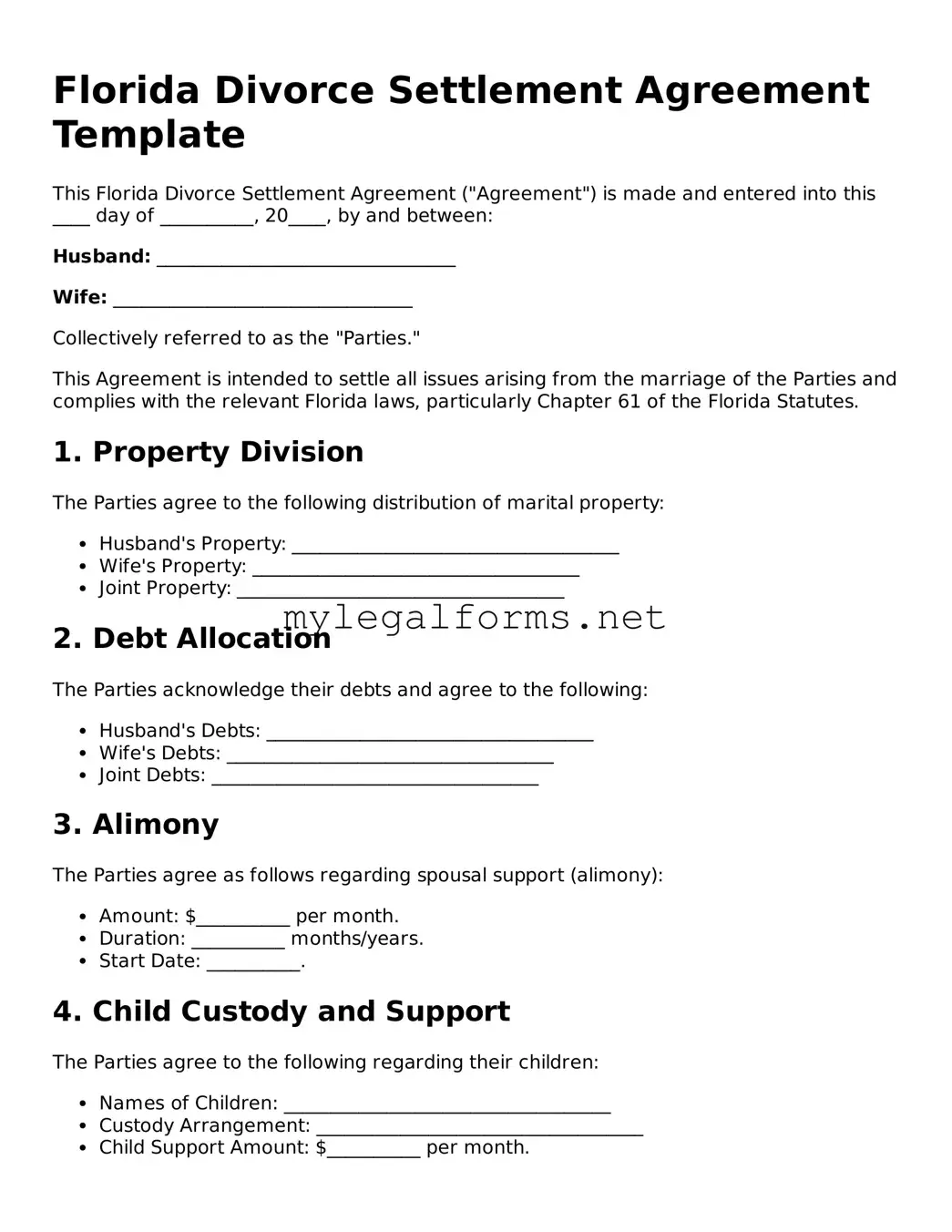 Divorce Settlement Agreement Document for Florida State