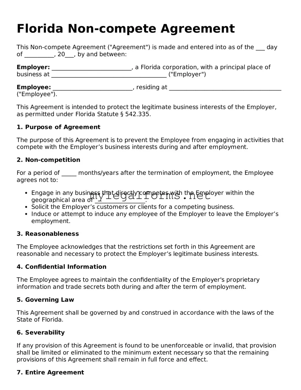 Non-compete Agreement Document for Florida State