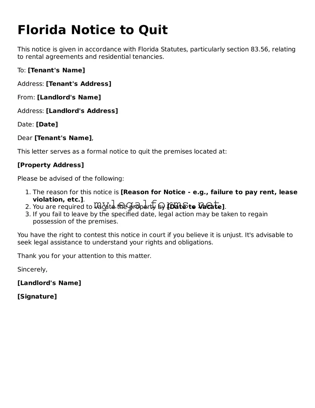 Notice to Quit Document for Florida State