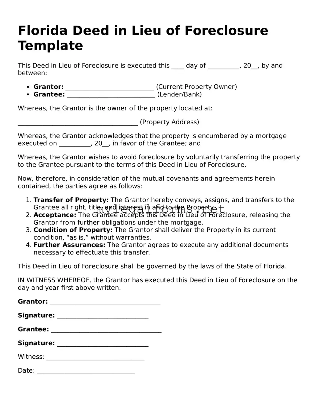Deed in Lieu of Foreclosure Document for Florida State