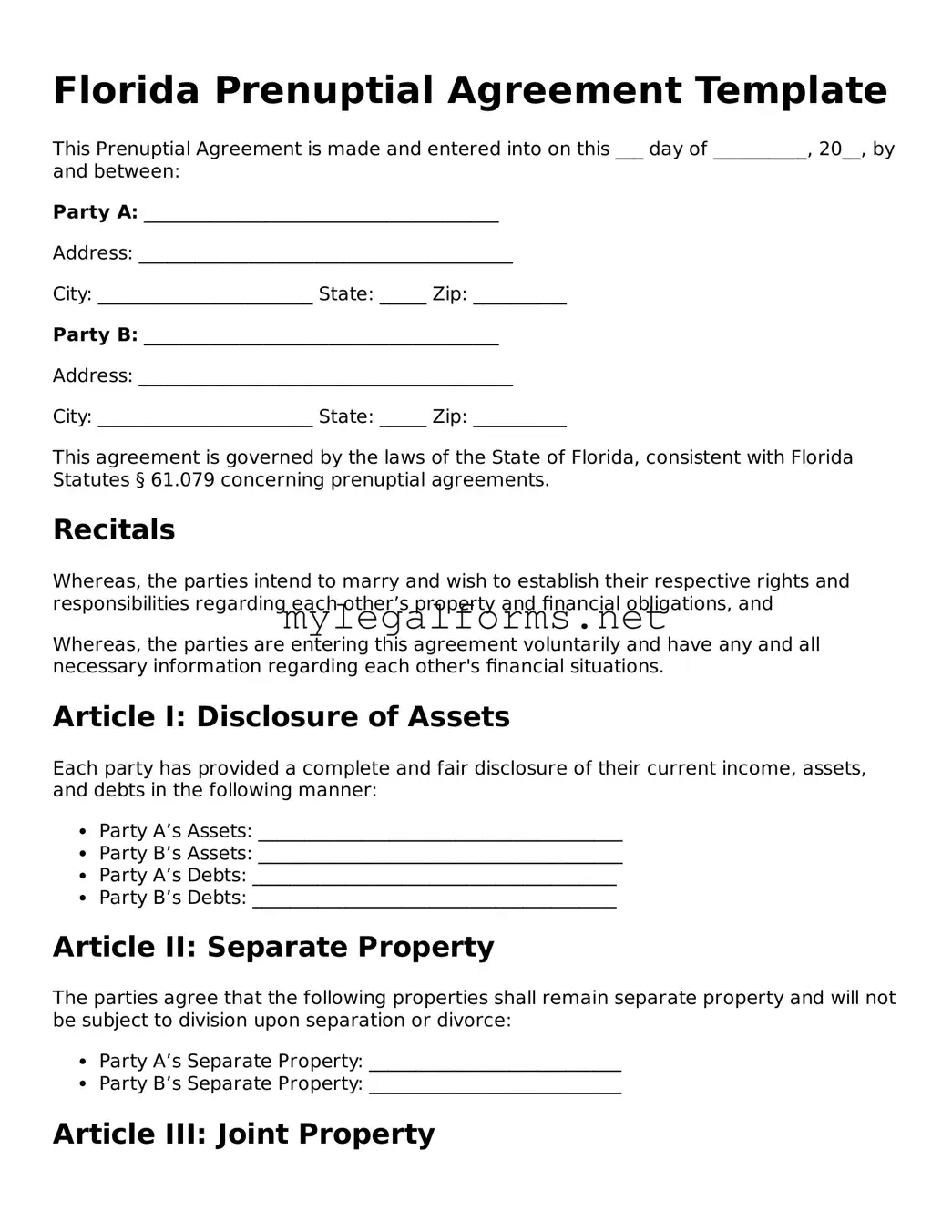 Prenuptial Agreement Document for Florida State