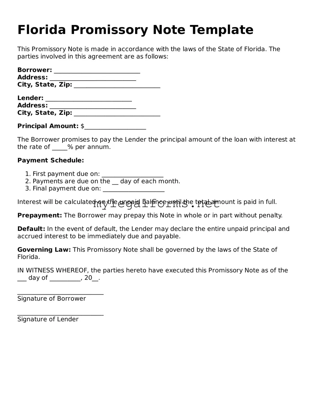 Promissory Note Document for Florida State