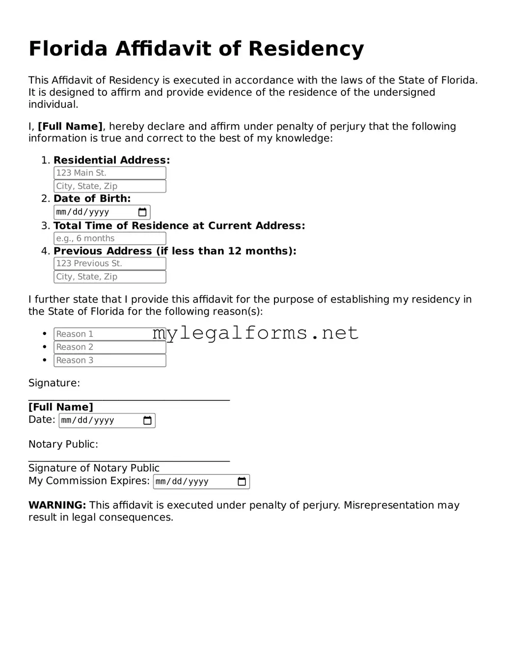 Affidavit of Residency Document for Florida State