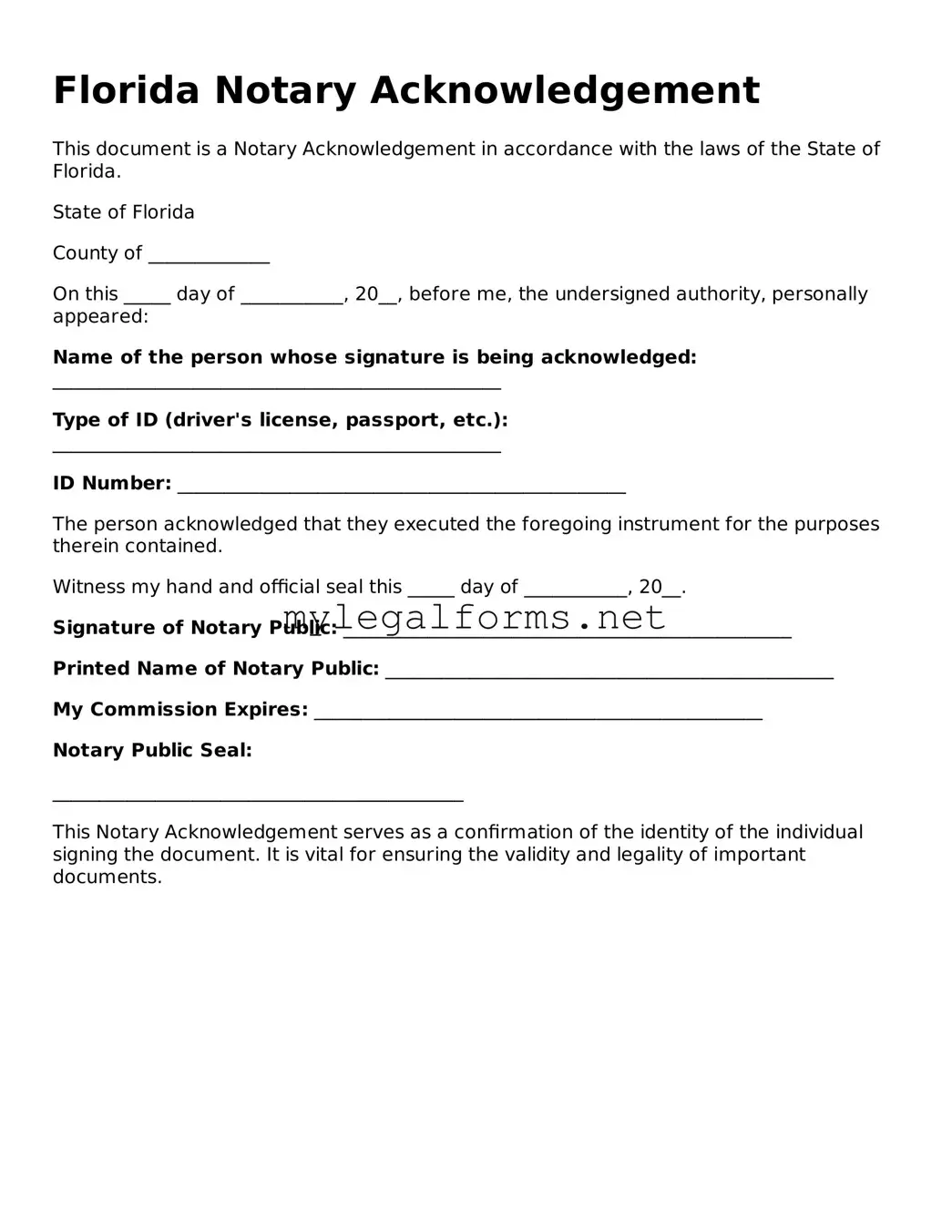 Notary Acknowledgement Document for Florida State