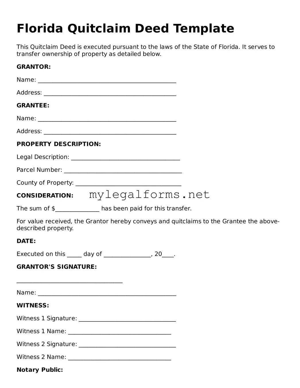 Quitclaim Deed Document for Florida State