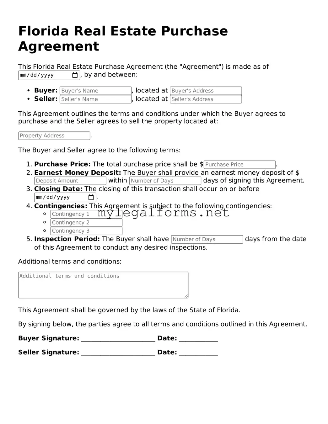 Real Estate Purchase Agreement Document for Florida State