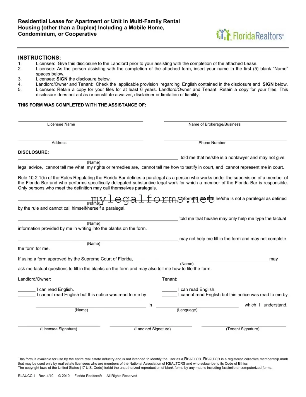 Florida Realtors Residential Lease Template