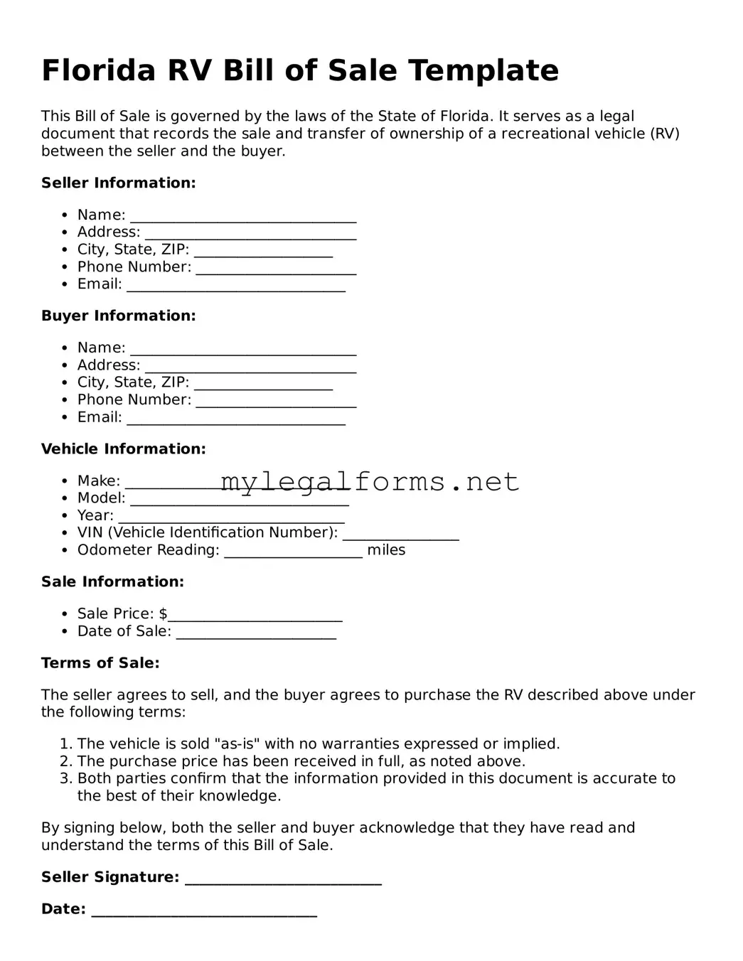 RV Bill of Sale Document for Florida State
