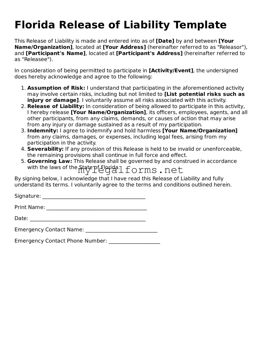 Release of Liability Document for Florida State