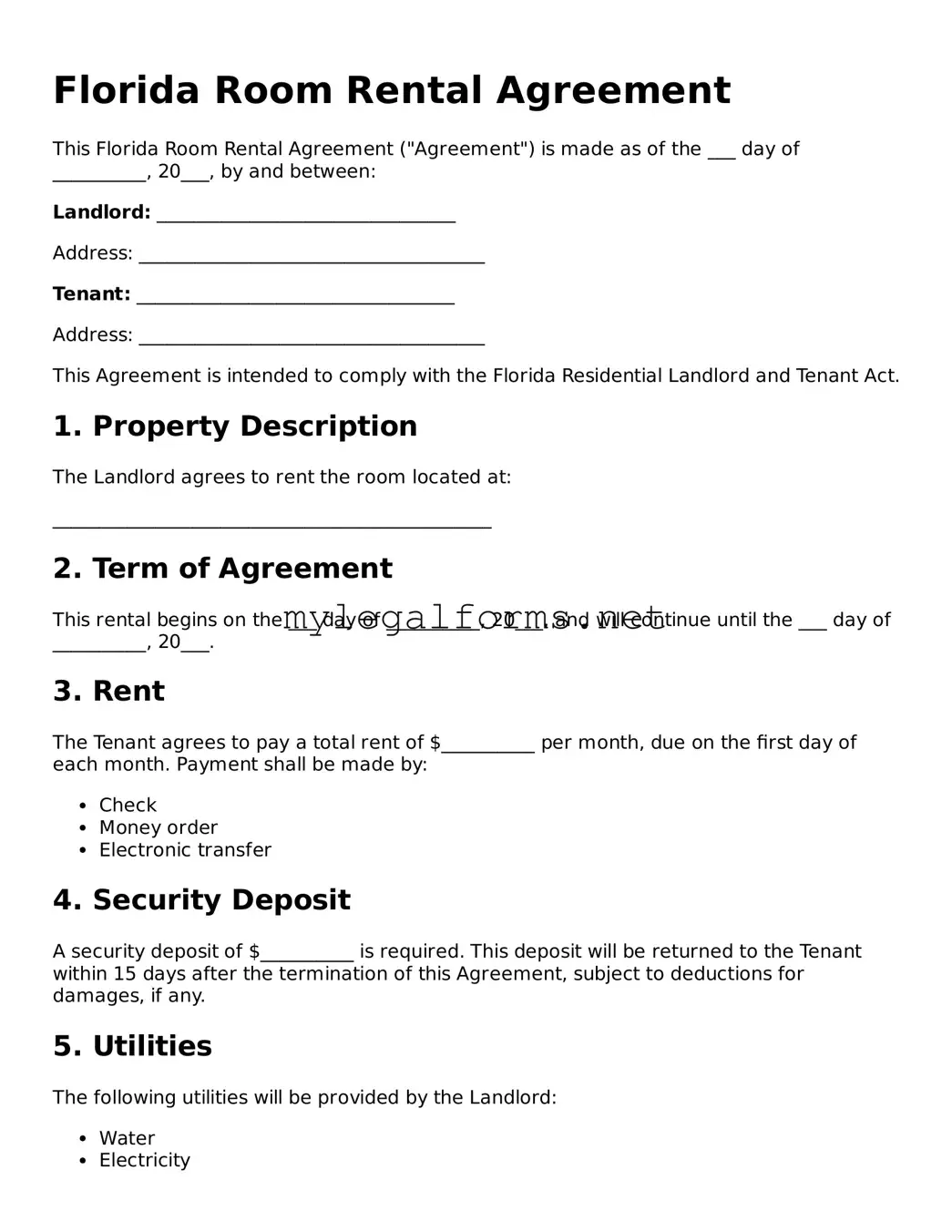 Room Rental Agreement Document for Florida State