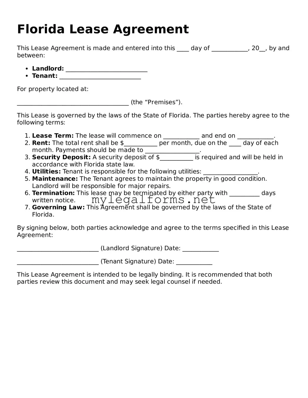 Lease Agreement Document for Florida State