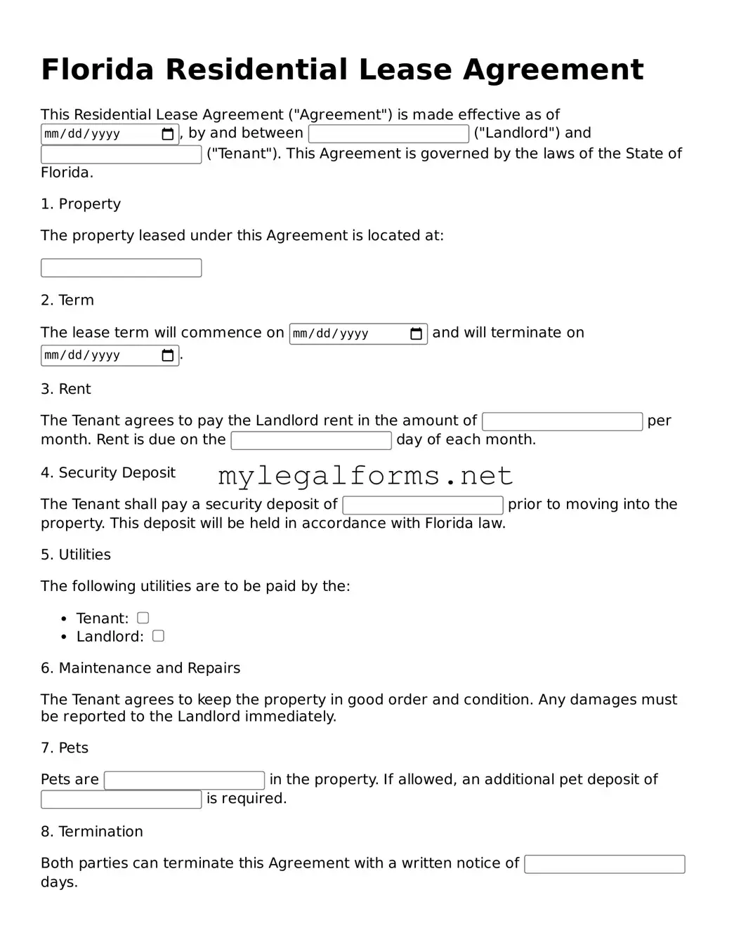 Residential Lease Agreement Document for Florida State