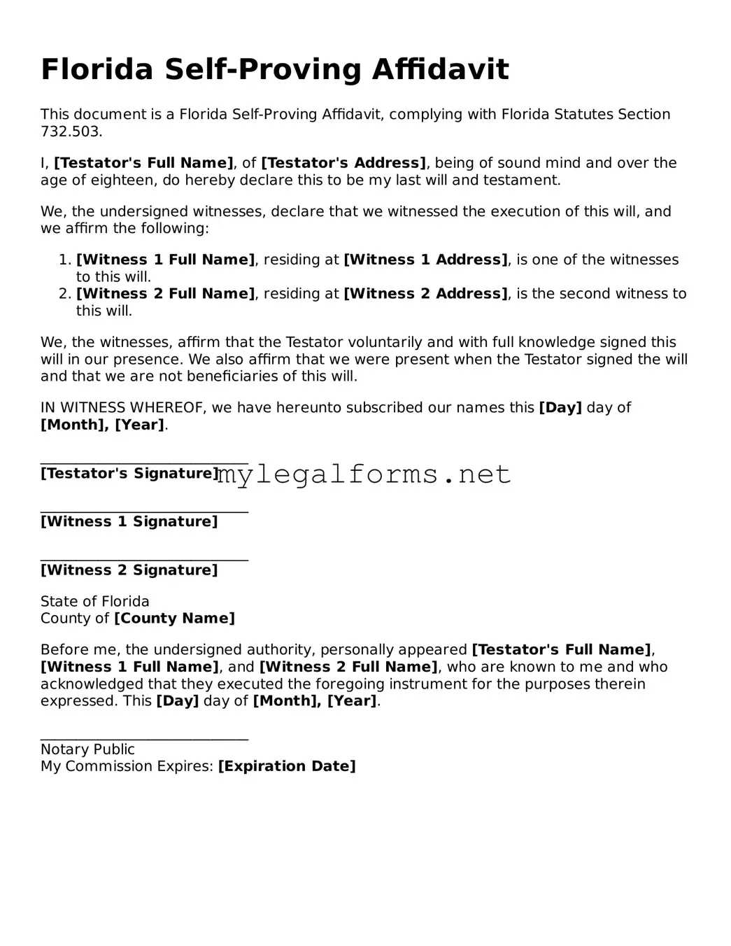 Self-Proving Affidavit Document for Florida State