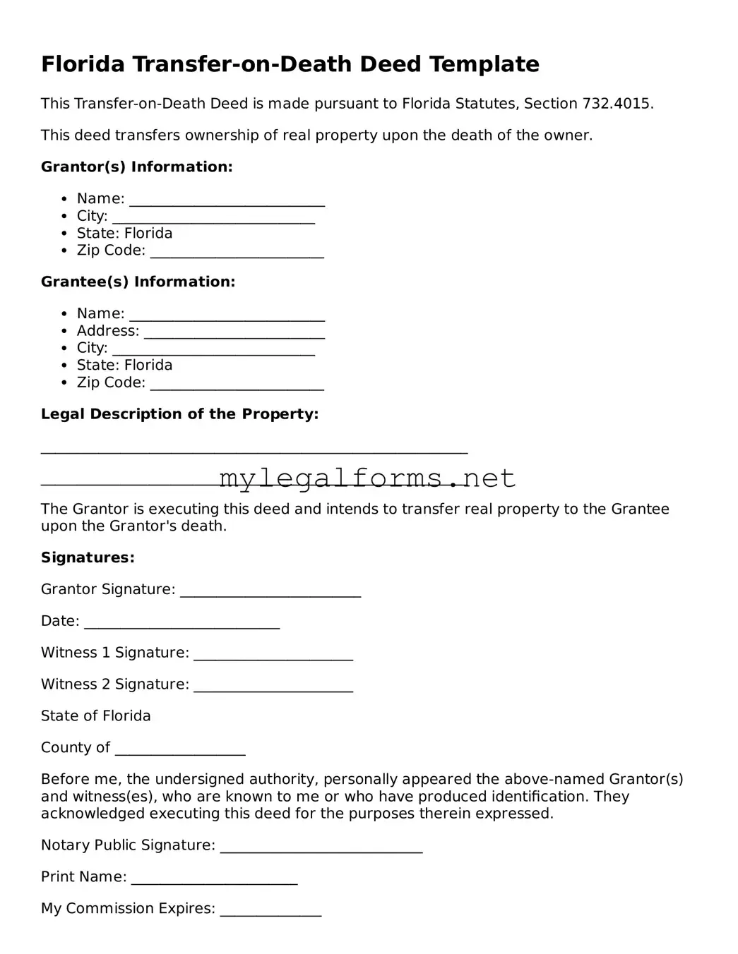 Transfer-on-Death Deed Document for Florida State