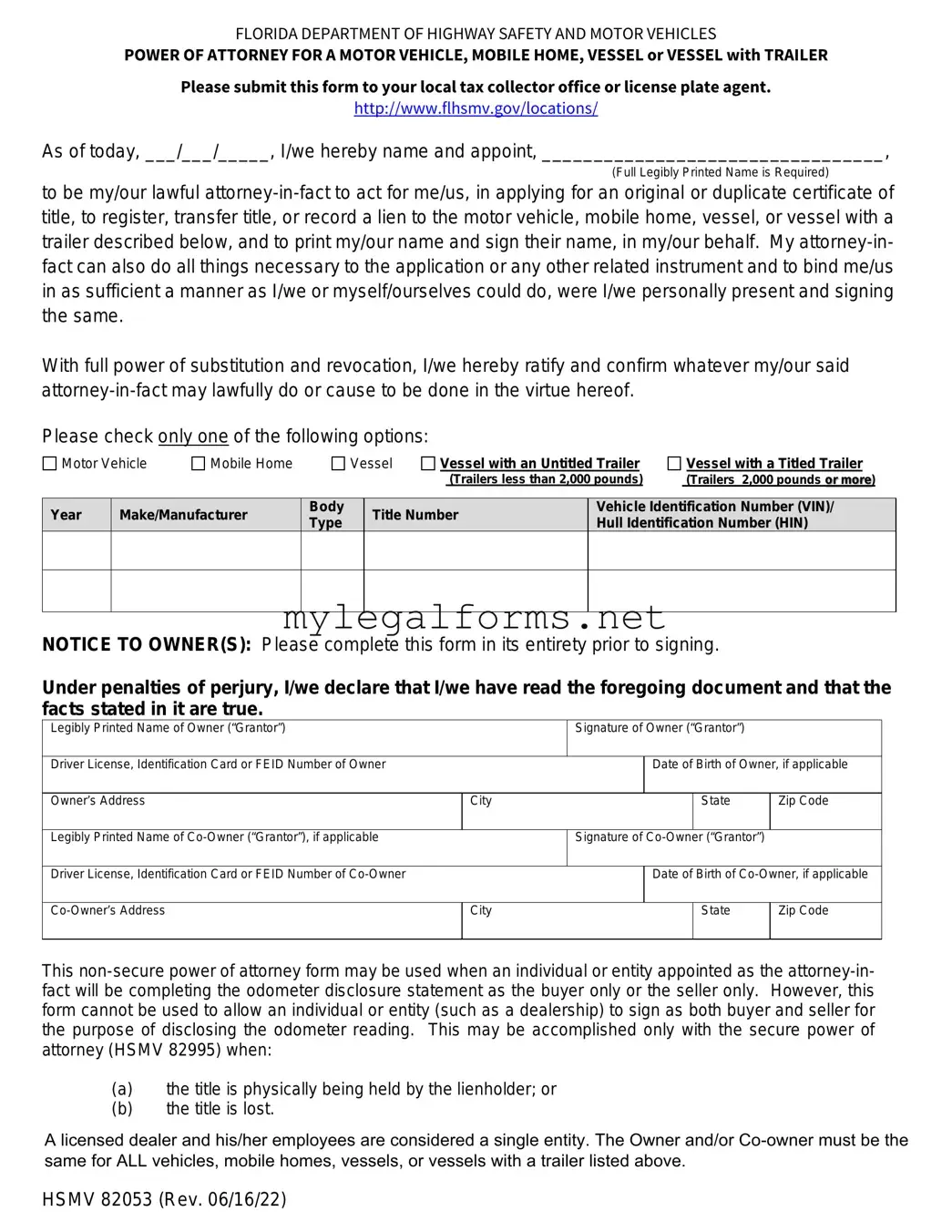 Florida Vehicle POA form 82053 Template