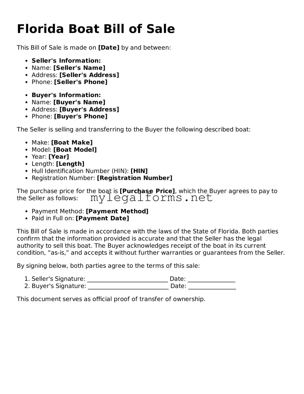 Boat Bill of Sale Document for Florida State