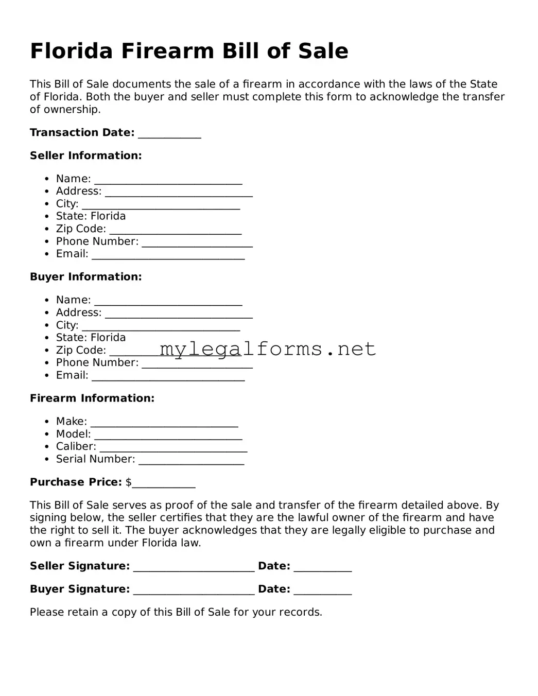Firearm Bill of Sale Document for Florida State