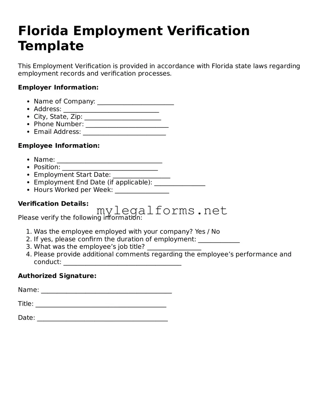 Employment Verification Document for Florida State