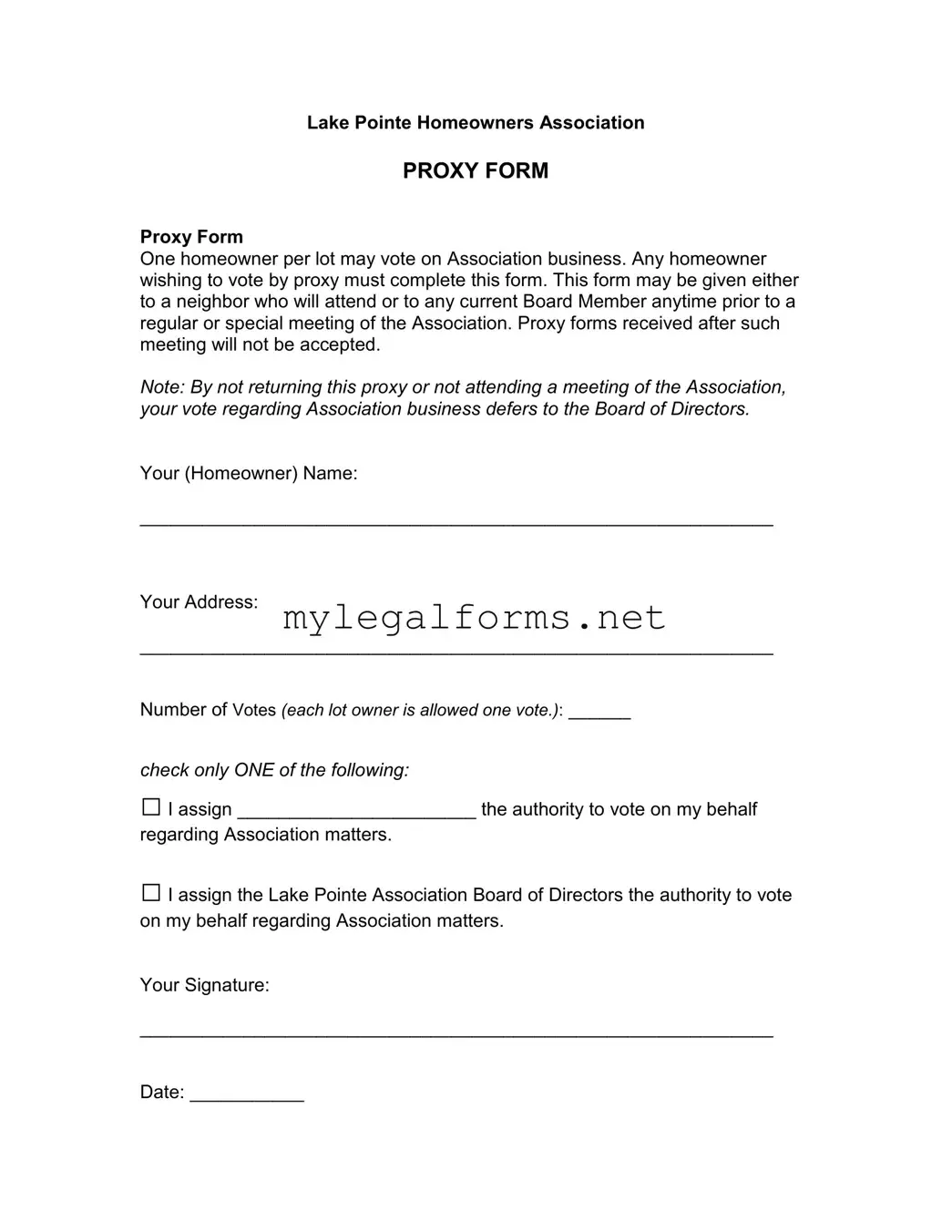 Homeowners Association Proxy Template