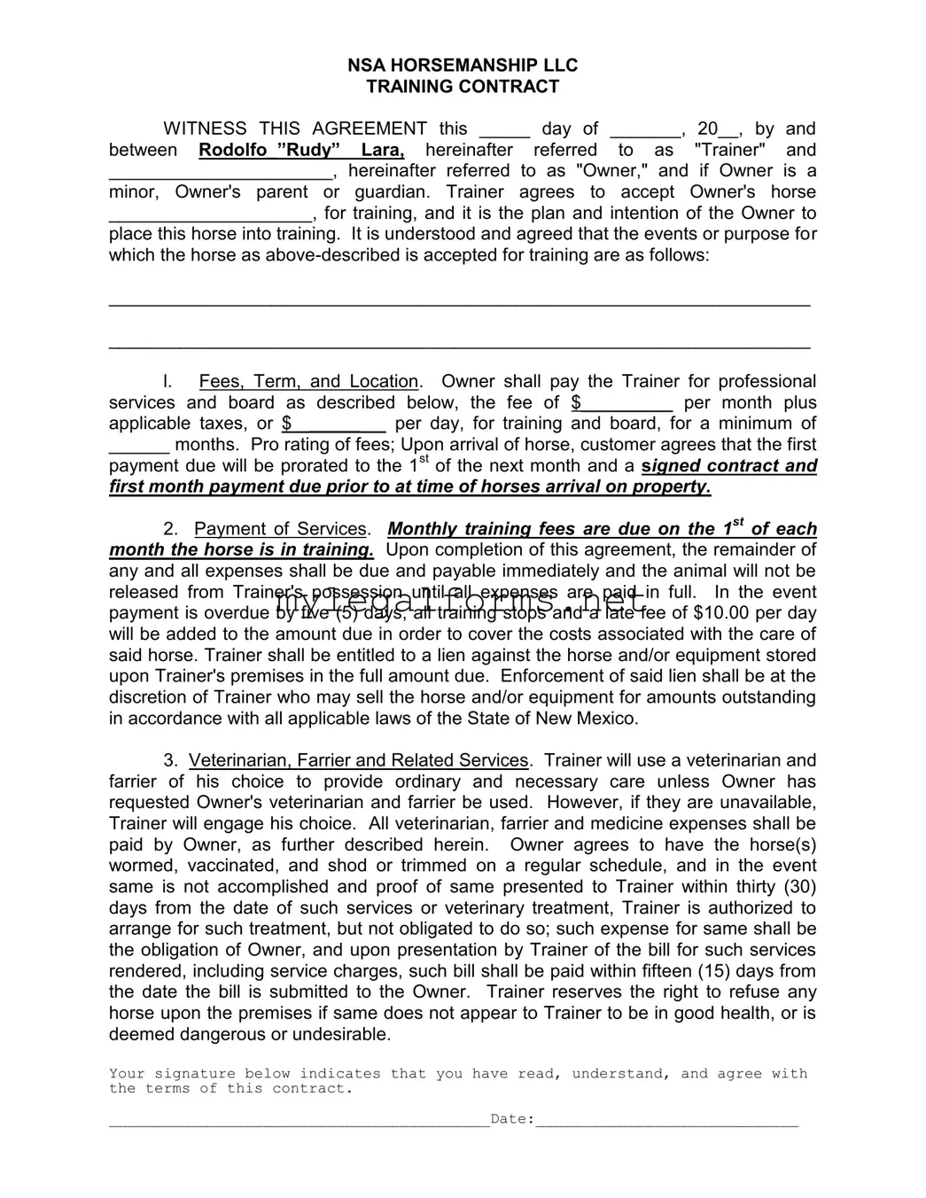 Horse Training Contract Template