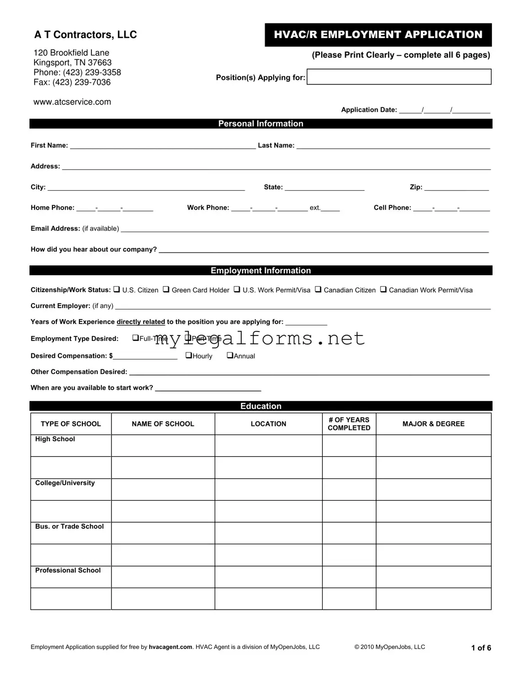 Hvac Job Application Template