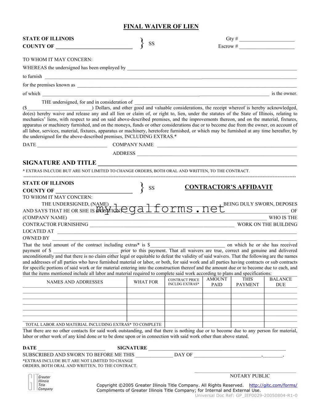 Illinois Final Waiver Of Lien Template