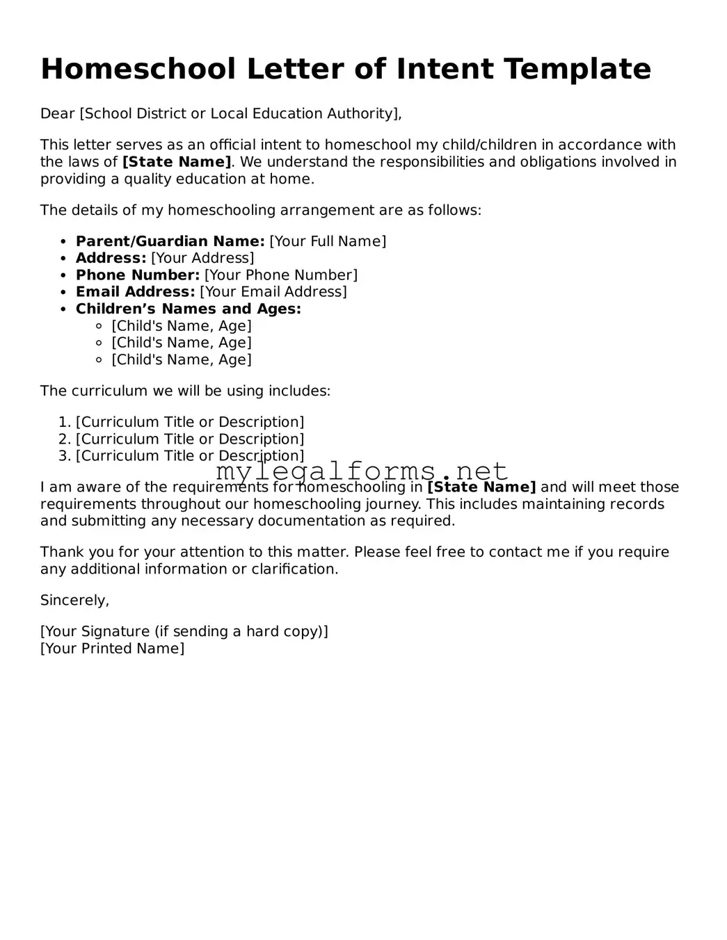 Attorney-Approved Homeschool Letter of Intent Form