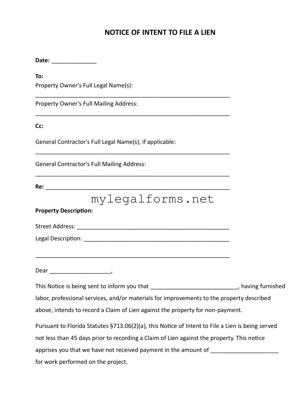 Intent To Lien Florida Template