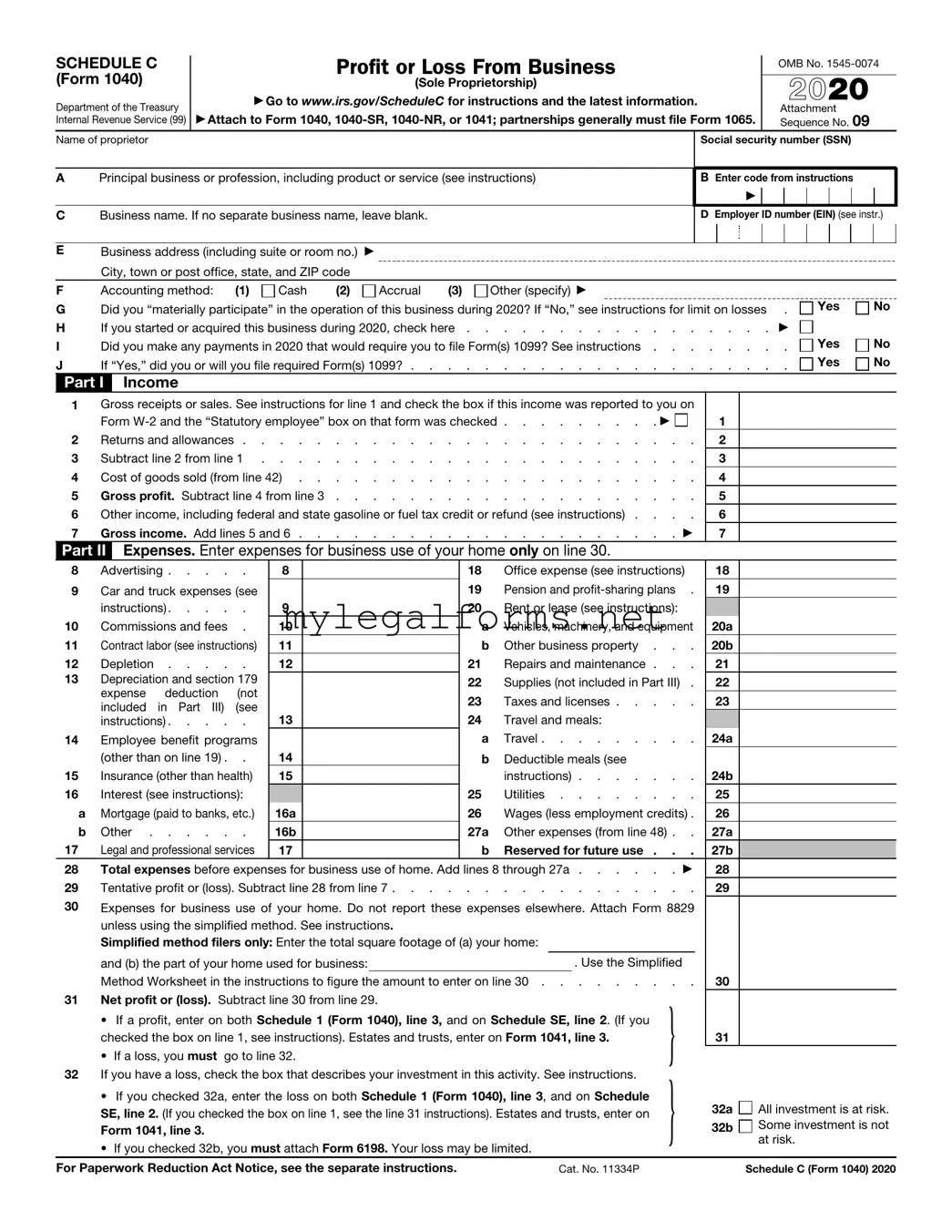 IRS Schedule C 1040 Template