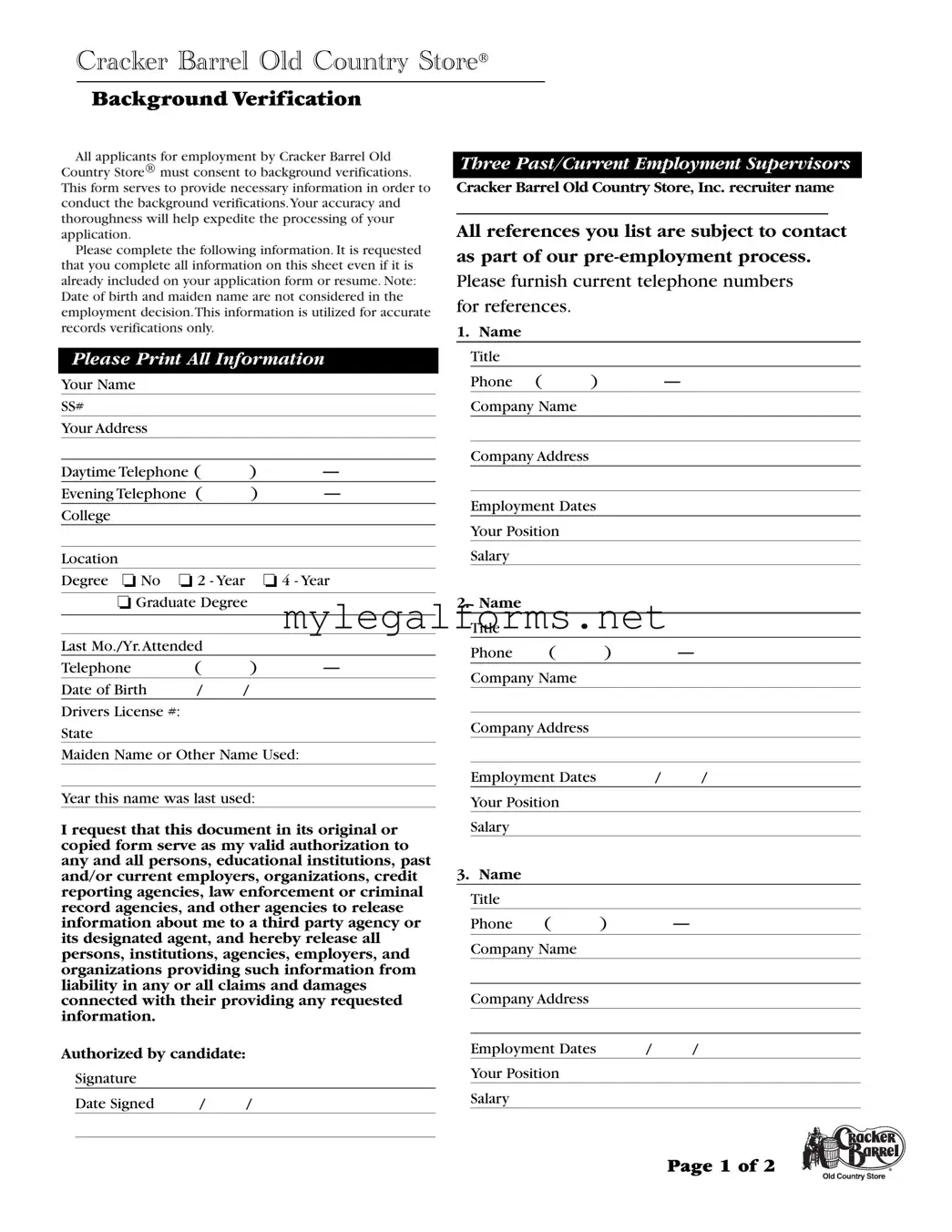 Cracker Barrel Background Check Template