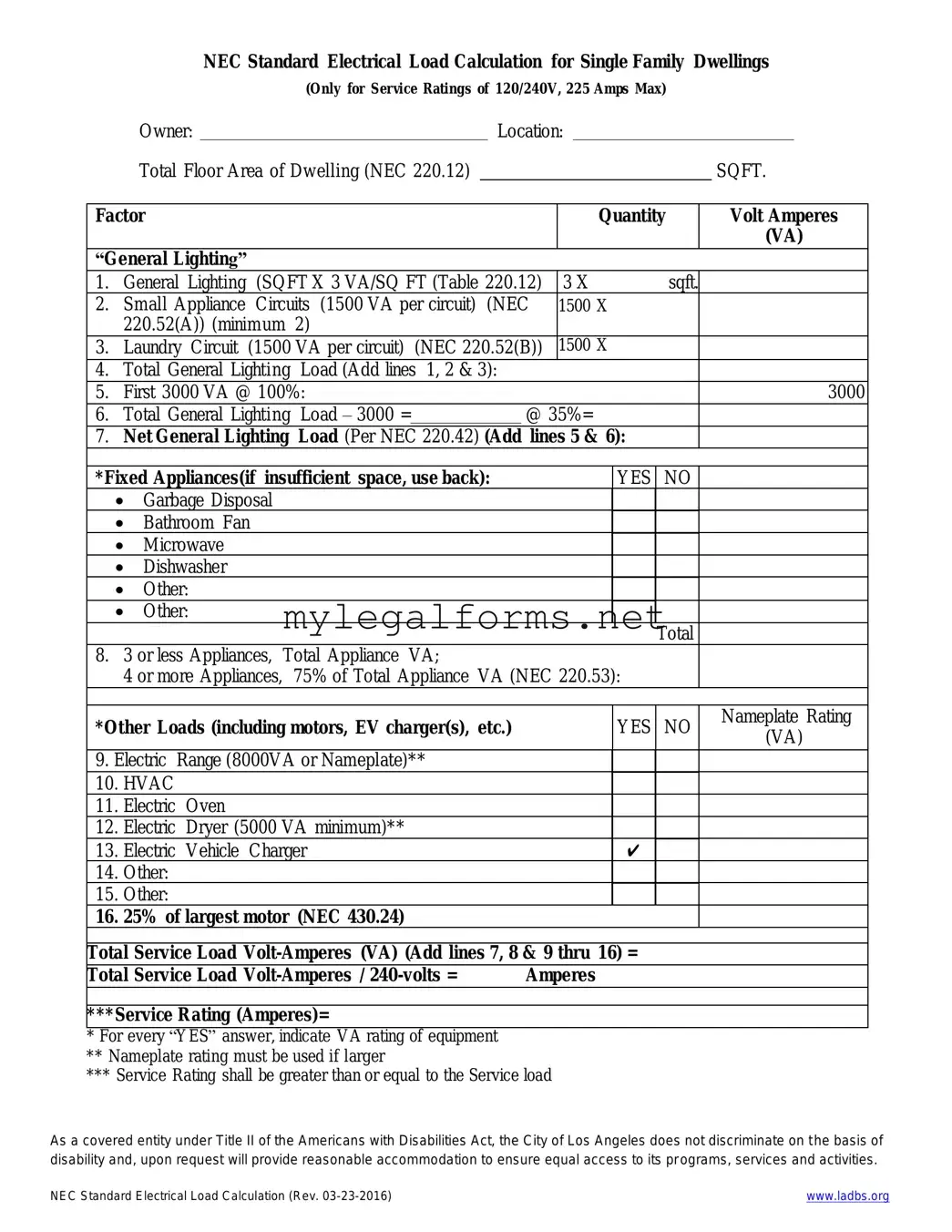 LADBS NEC Standard Electrical Load Calculation Template