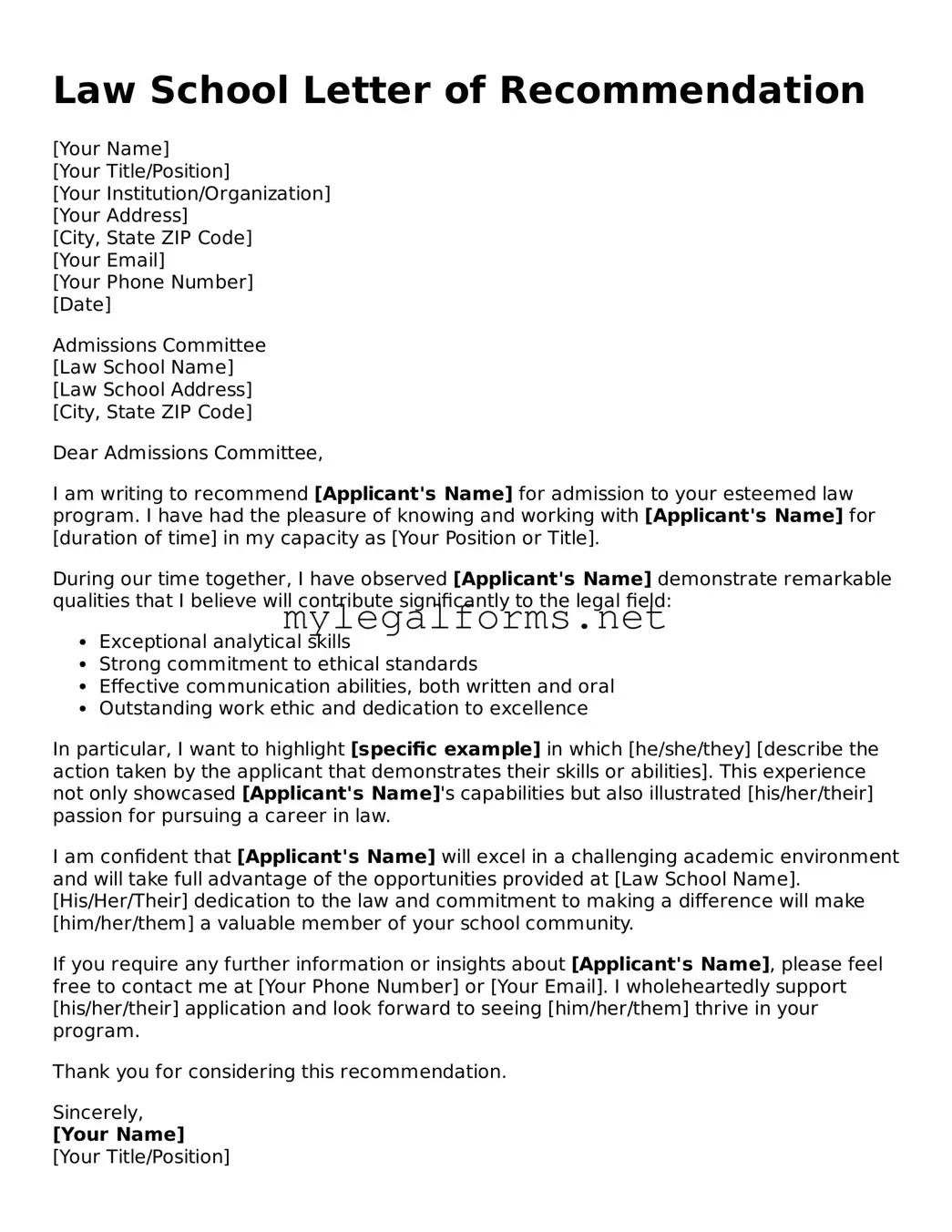 Attorney-Approved Law School Letter of Recommendation Form
