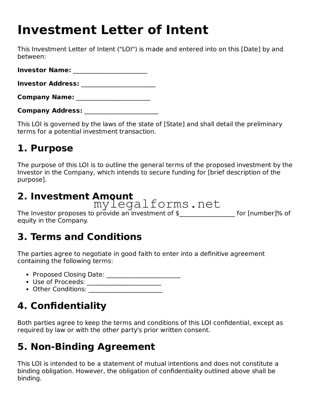 Attorney-Approved Investment Letter of Intent Form