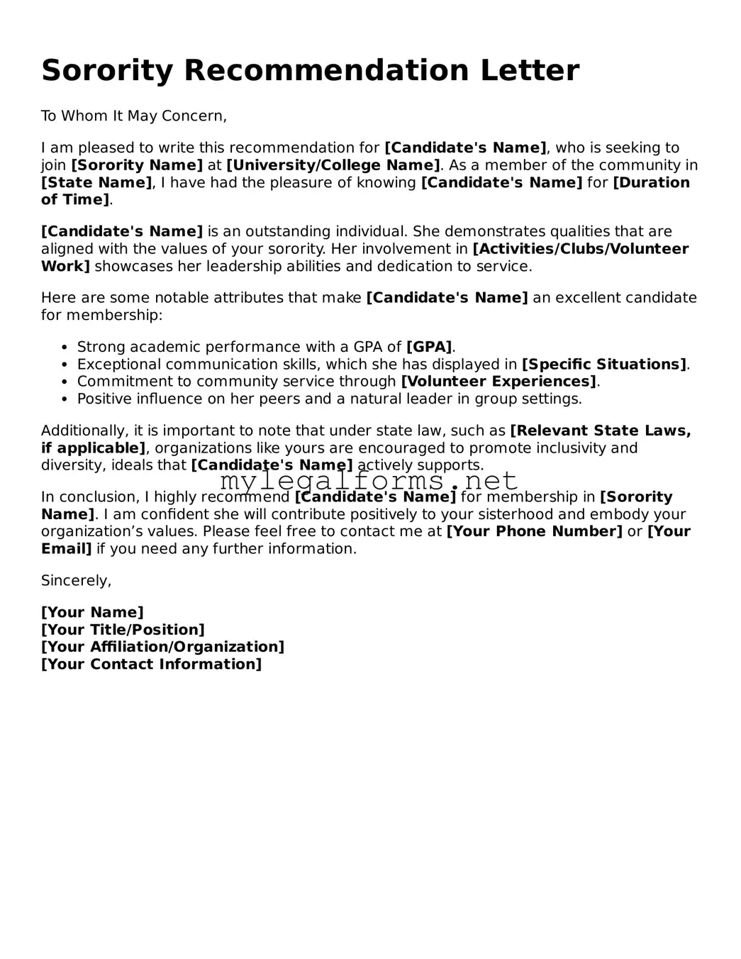 Attorney-Approved Sorority Recommendation Letter Form