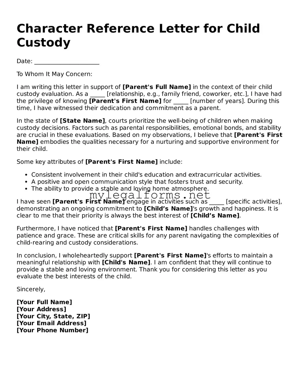 Attorney-Approved Character Reference Letter for Child Custody Form