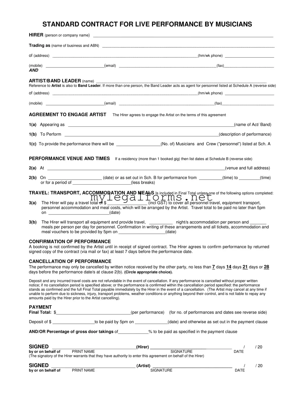 Live Performance Contract Template