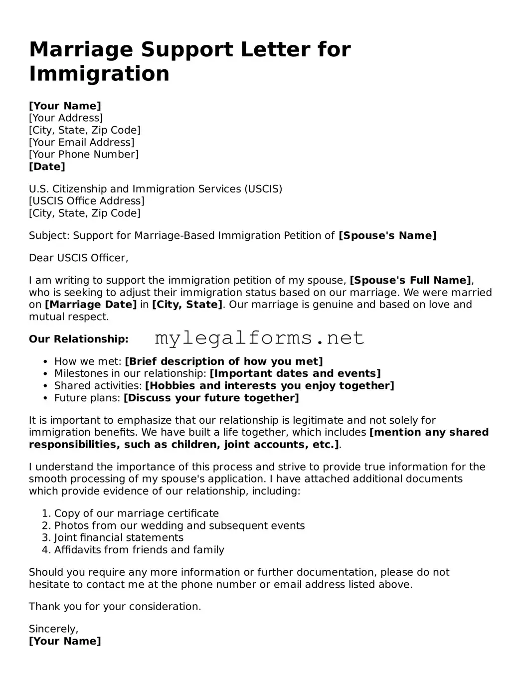Attorney-Approved Marriage Support Letter for Immigration Form