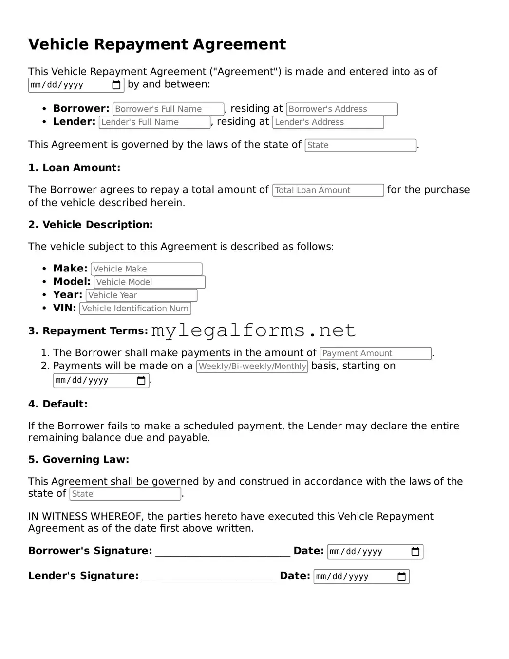 Attorney-Approved Vehicle Repayment Agreement Form