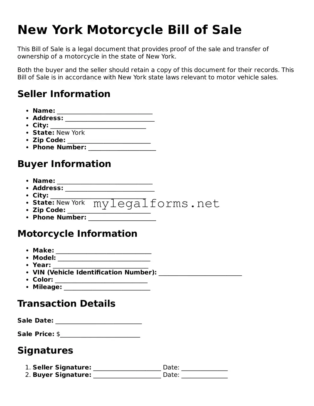 Motorcycle Bill of Sale Document for New York State