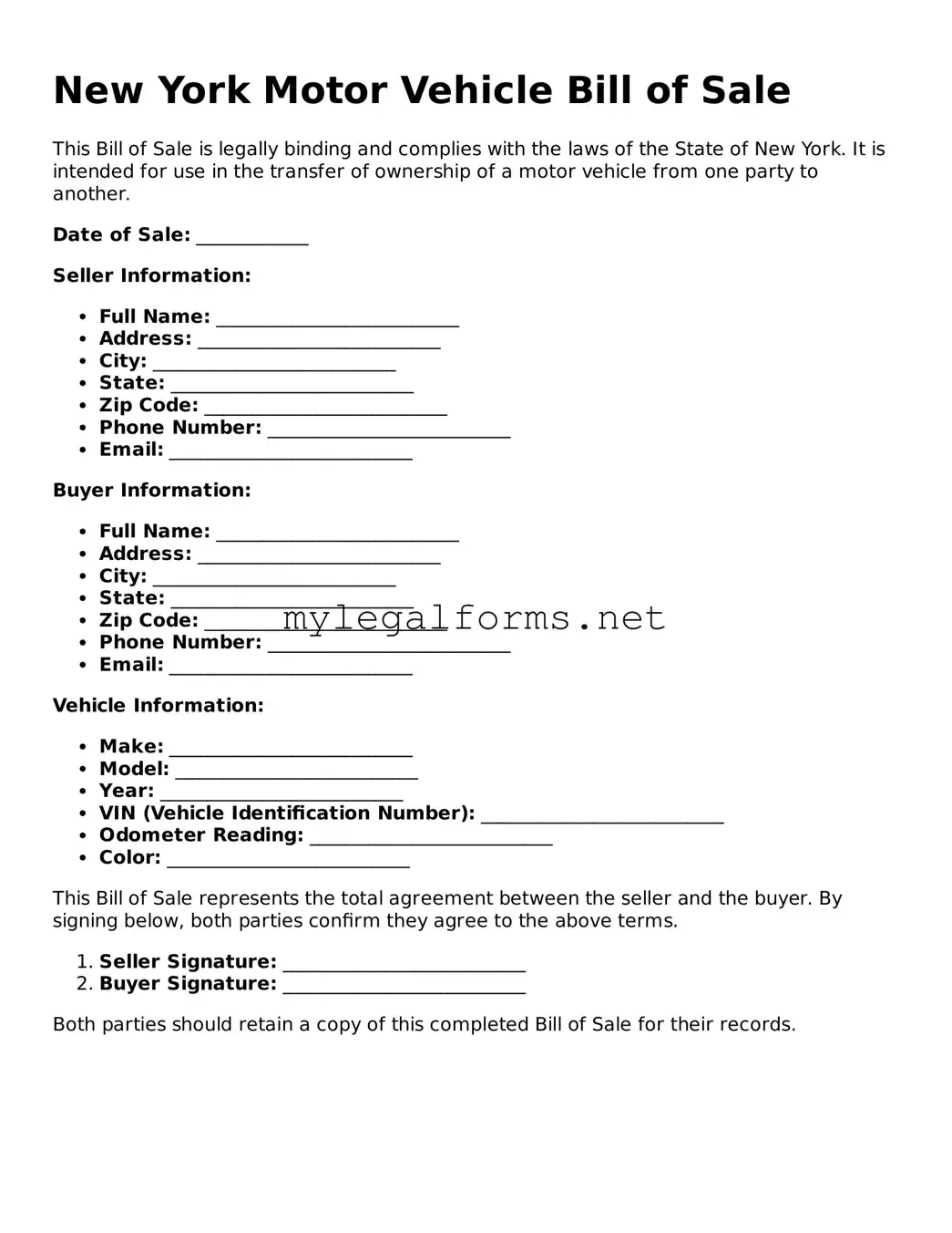 Motor Vehicle Bill of Sale Document for New York State