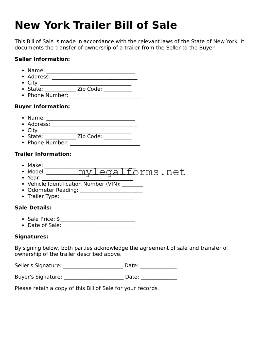 Trailer Bill of Sale Document for New York State