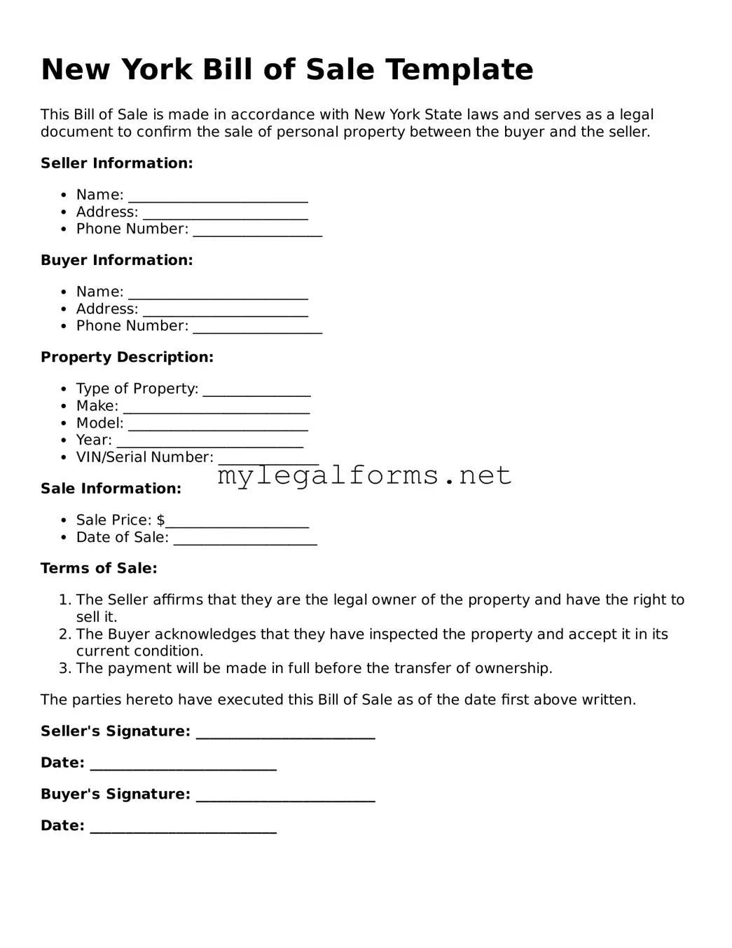 Bill of Sale Document for New York State