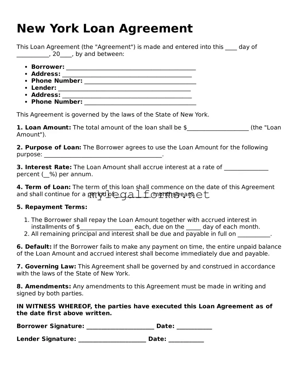 Loan Agreement Document for New York State