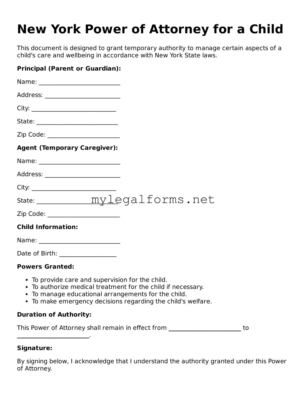 Power of Attorney for a Child Document for New York State