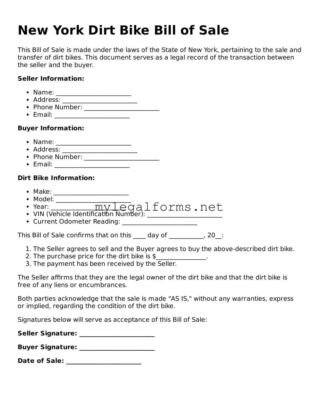 Dirt Bike Bill of Sale Document for New York State