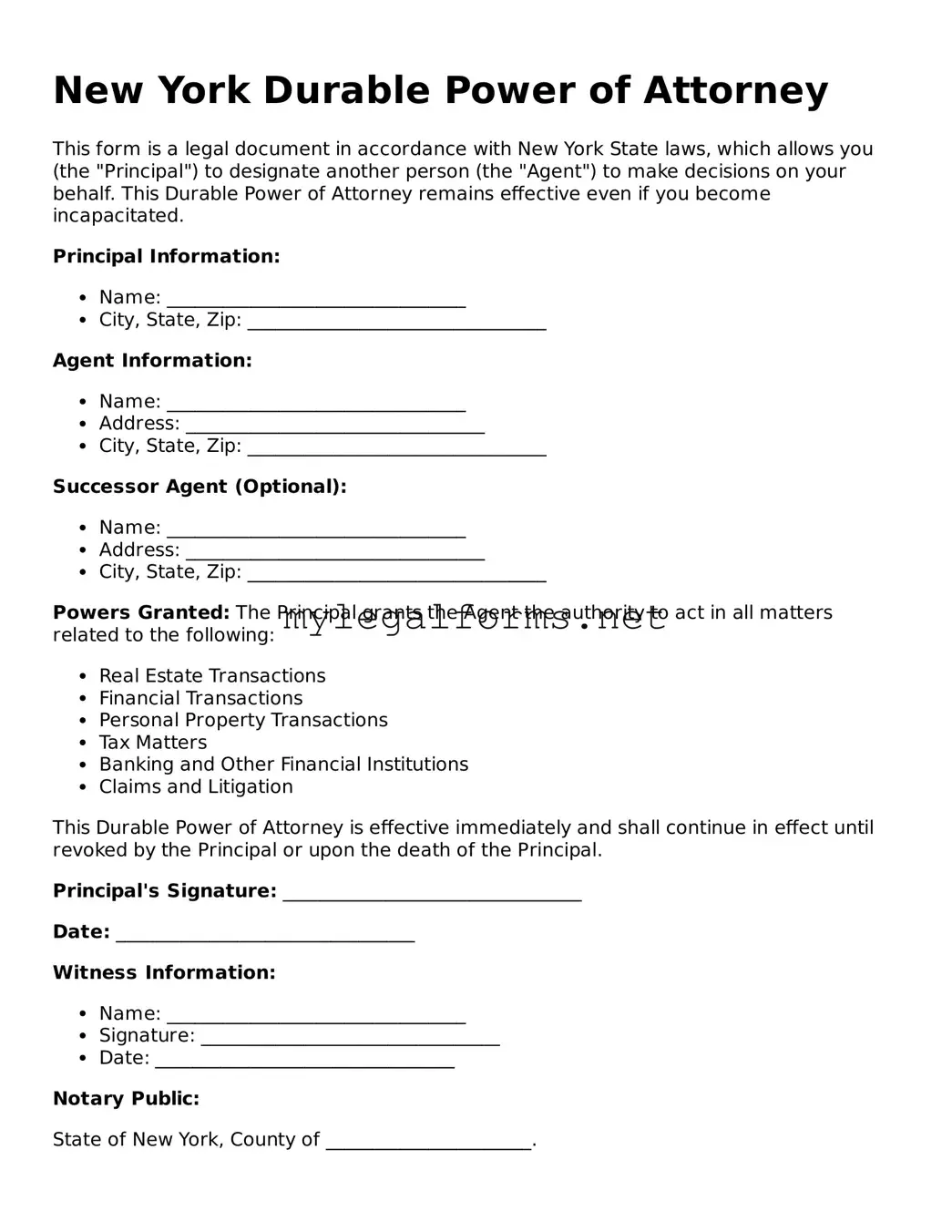 Durable Power of Attorney Document for New York State