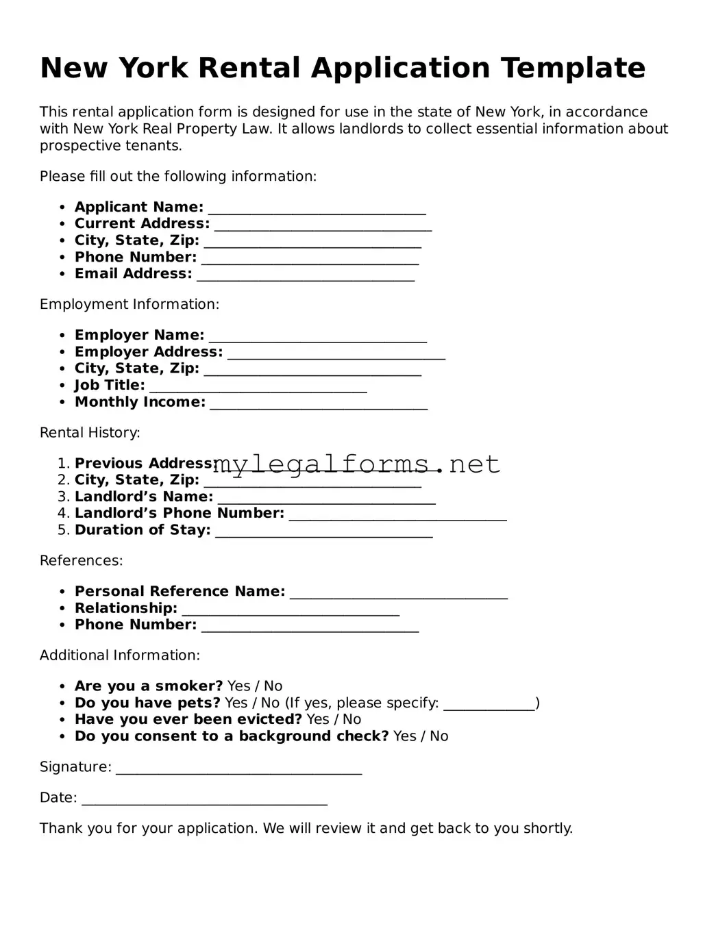 Rental Application Document for New York State