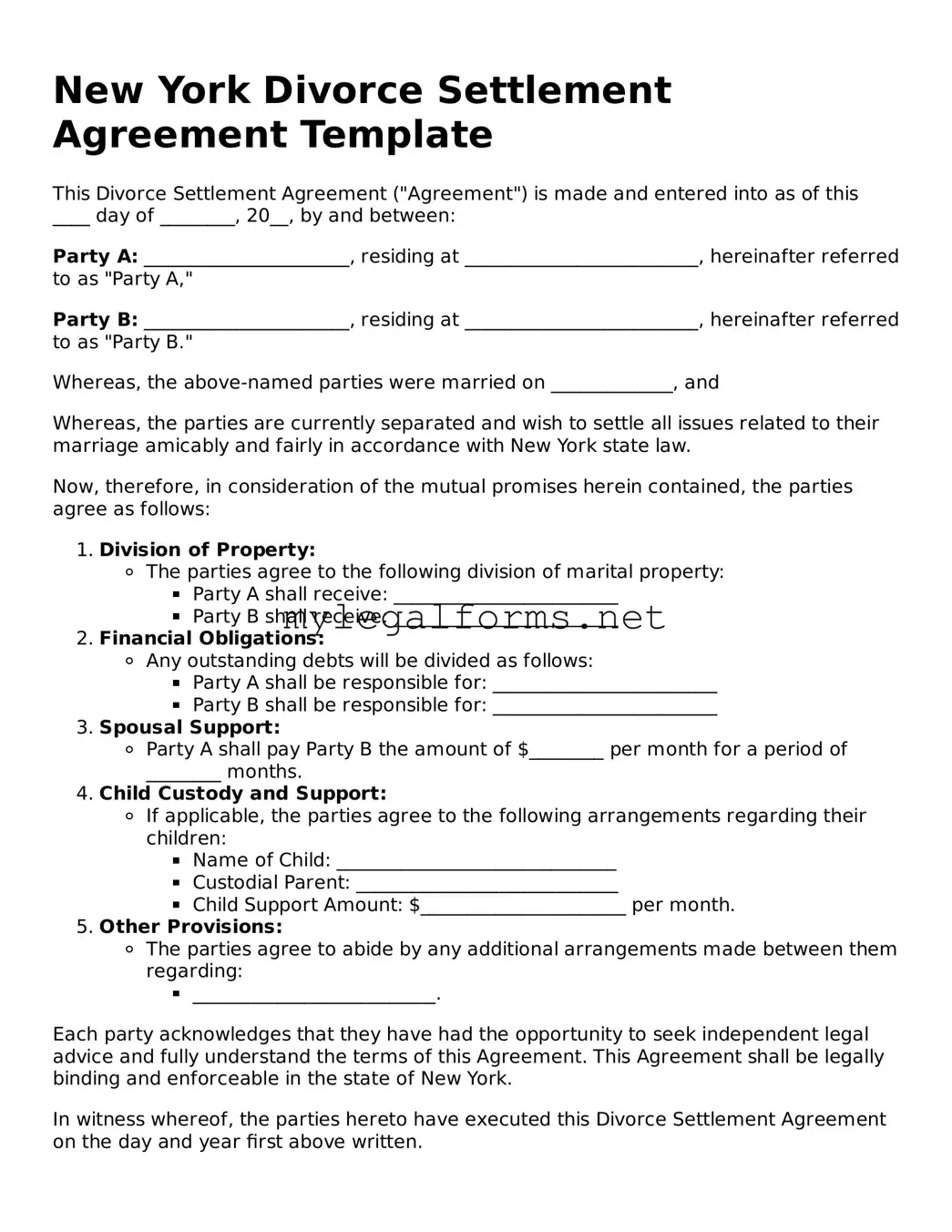 Divorce Settlement Agreement Document for New York State