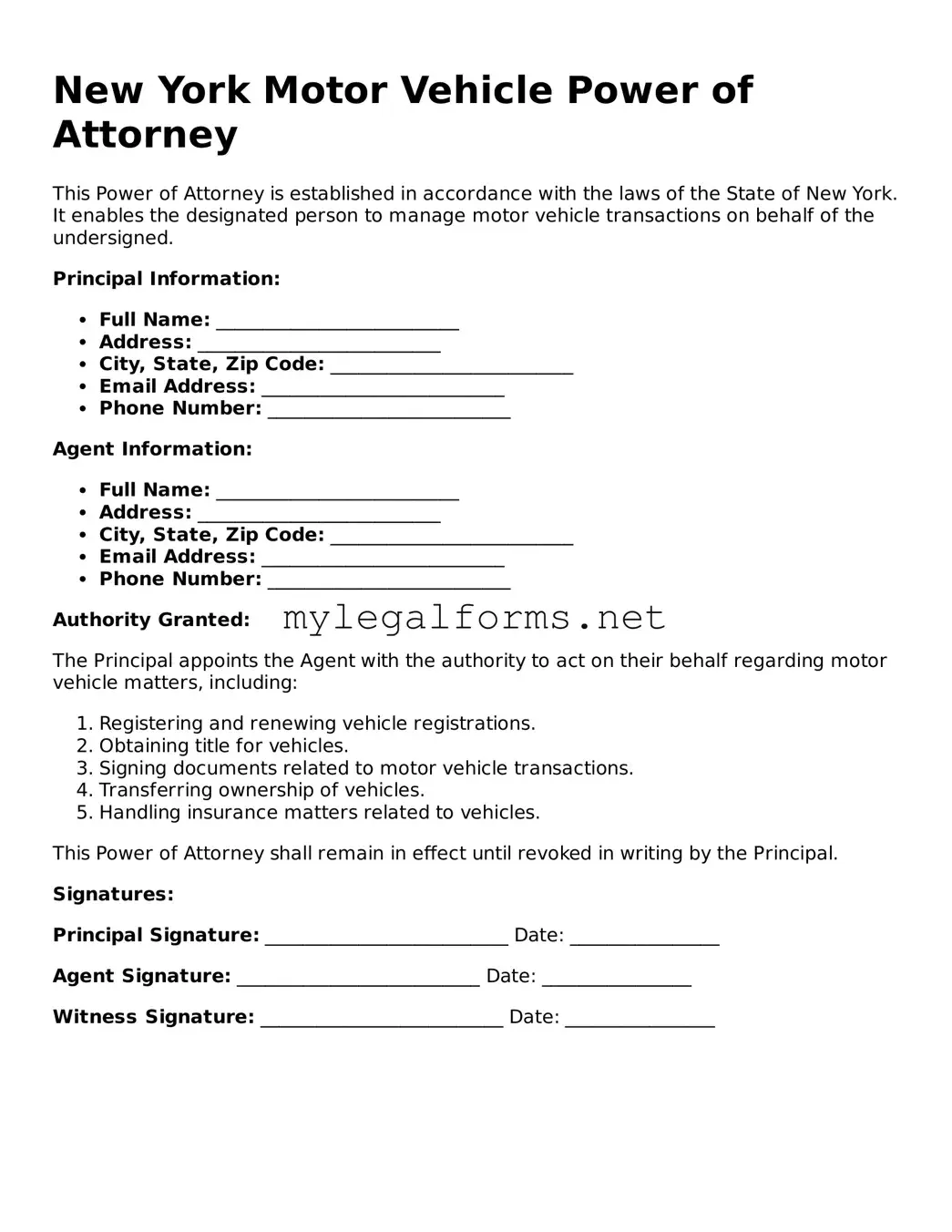 Motor Vehicle Power of Attorney Document for New York State