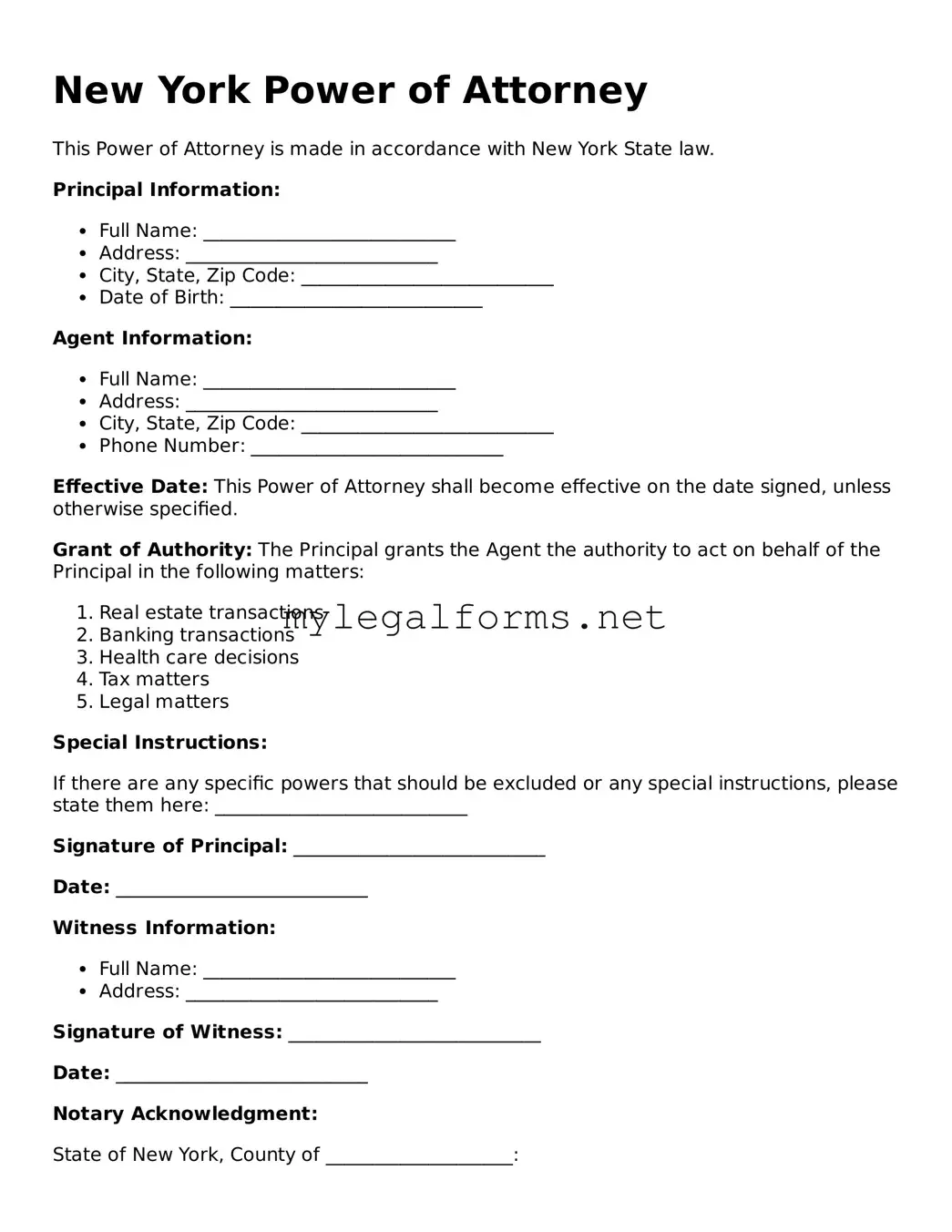 Power of Attorney Document for New York State
